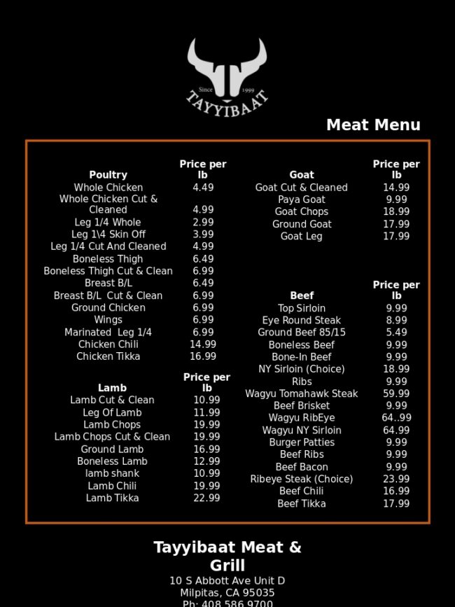 Mear Menu Meat Menu – Tayyibaat